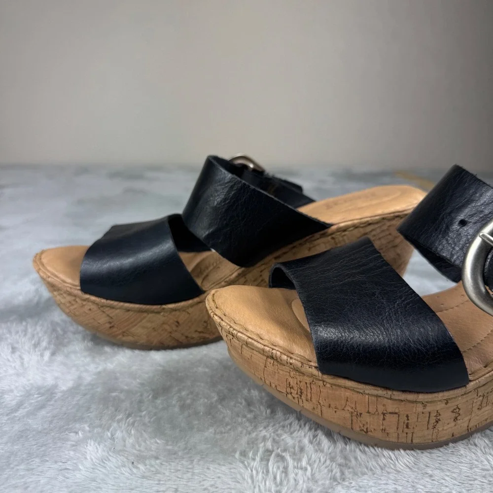 Born Black Leather Cork Wedge Slide Sandals Women's Size 10.5 Buckle Comfort